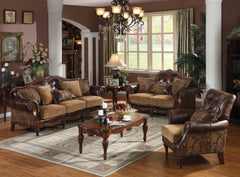37" Brown Faux Leather and Chenille Sofa And Toss Pillows With Dark Brown Legs - Homeroots
