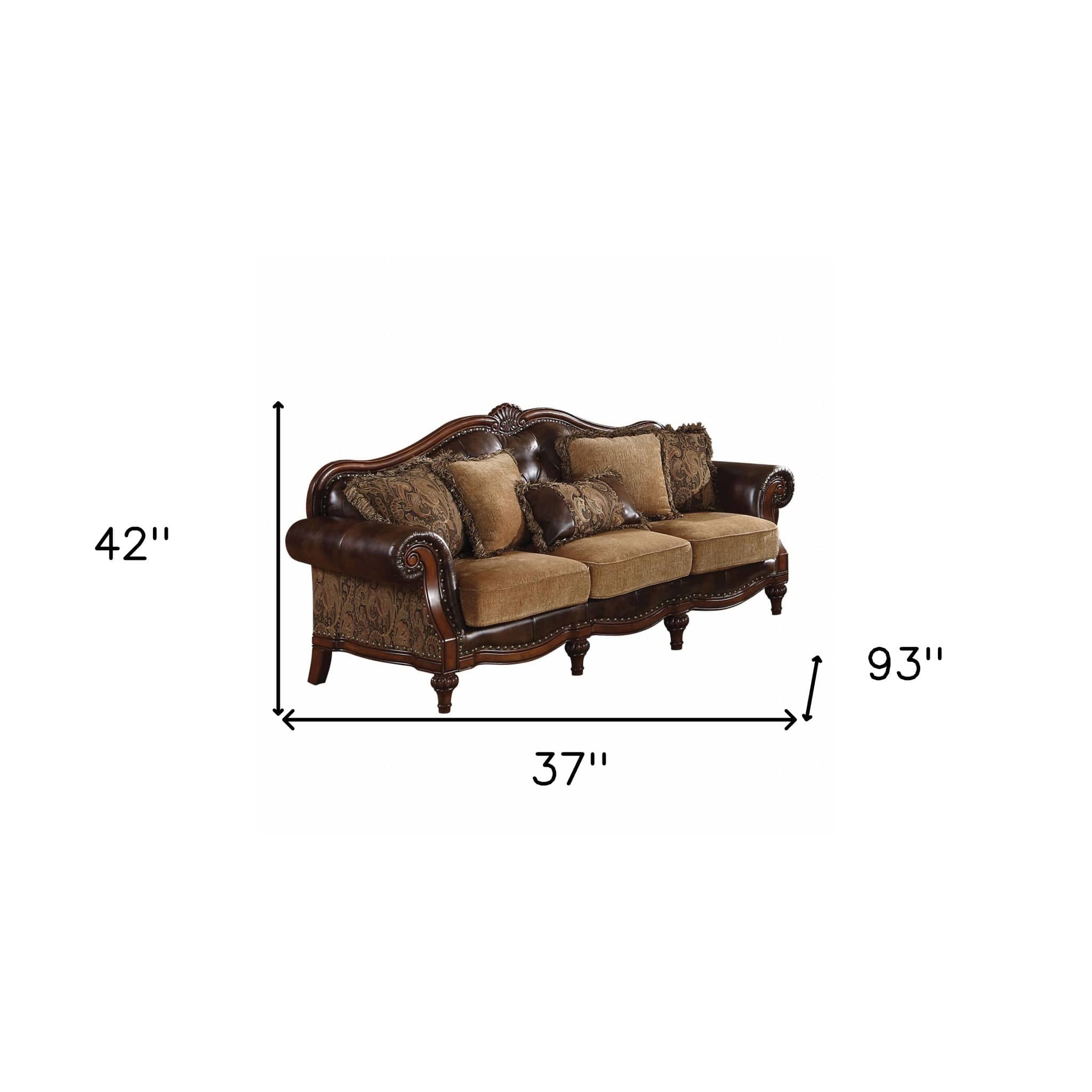 37" Brown Faux Leather and Chenille Sofa And Toss Pillows With Dark Brown Legs - Homeroots