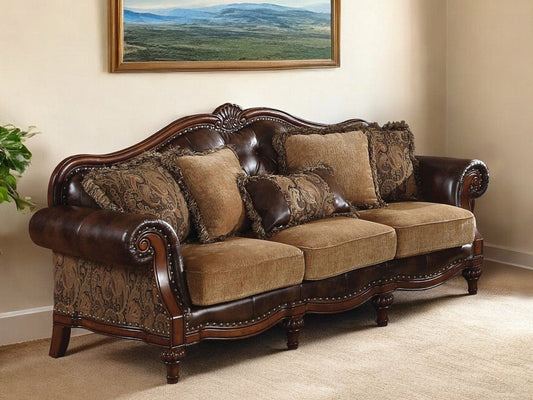 37" Brown Faux Leather and Chenille Sofa And Toss Pillows With Dark Brown Legs - Homeroots