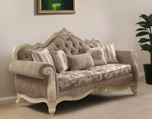 35" Gray Velvet Floral Sofa And Toss Pillows With Beige Legs - Homeroots