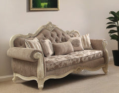 35" Gray Velvet Floral Sofa And Toss Pillows With Beige Legs - Homeroots