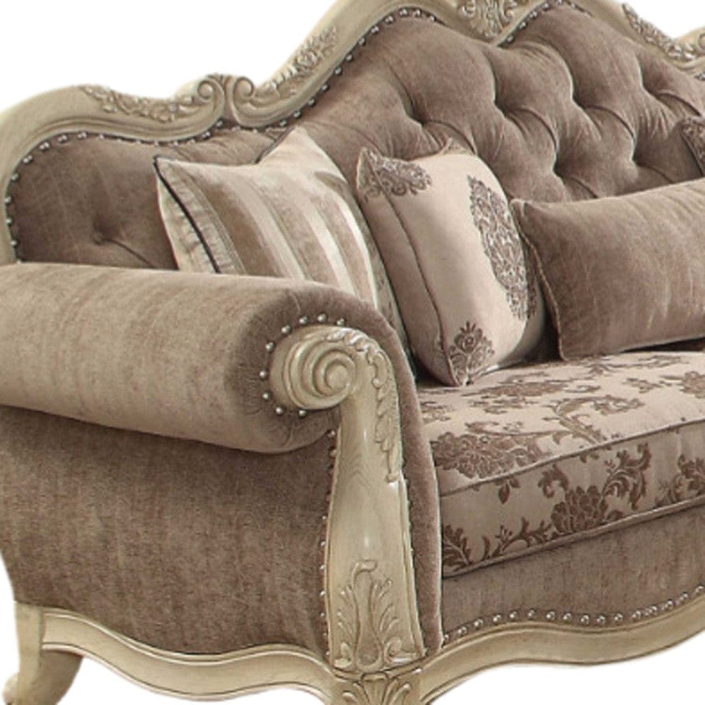 35" Gray Velvet Floral Sofa And Toss Pillows With Beige Legs - Homeroots