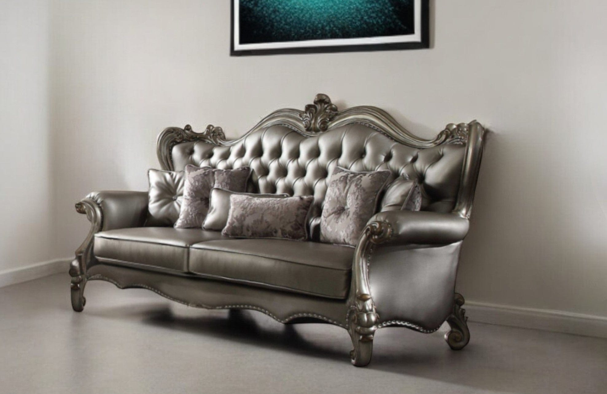 46" Platinum Faux Leather Curved Sofa And Toss Pillows - Homeroots