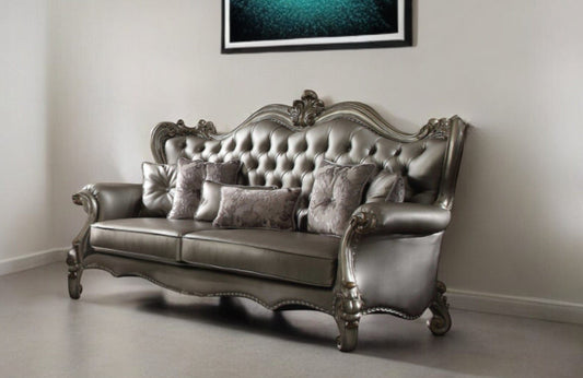 46" Platinum Faux Leather Curved Sofa And Toss Pillows - Homeroots