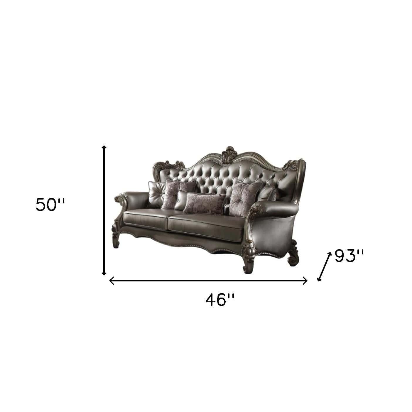 46" Platinum Faux Leather Curved Sofa And Toss Pillows - Homeroots