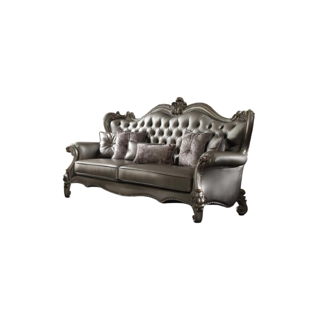 46" Platinum Faux Leather Curved Sofa And Toss Pillows - Homeroots