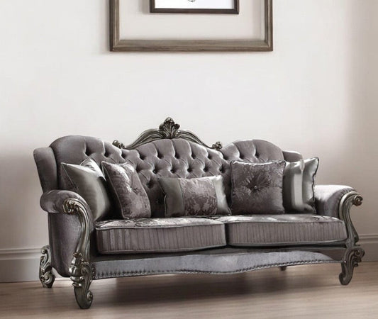 45" Platinum Velvet Floral Sofa And Toss Pillows - Homeroots