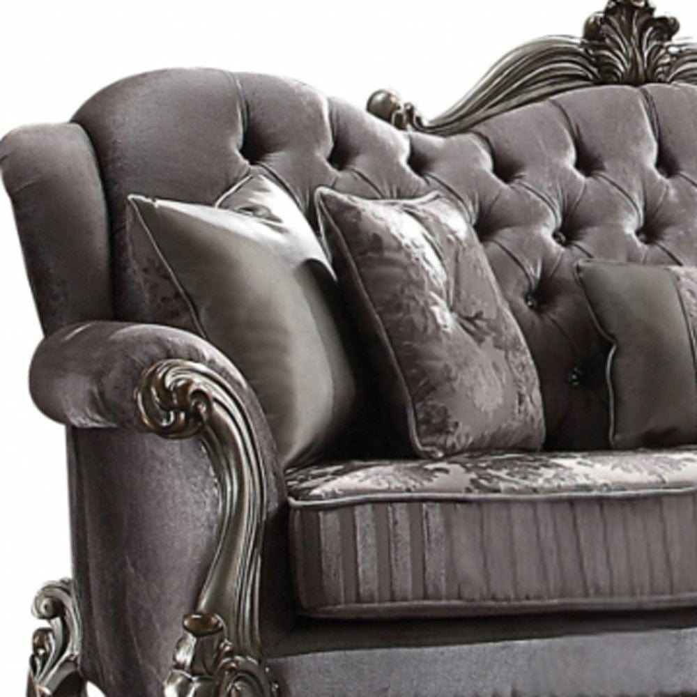 45" Platinum Velvet Floral Sofa And Toss Pillows - Homeroots