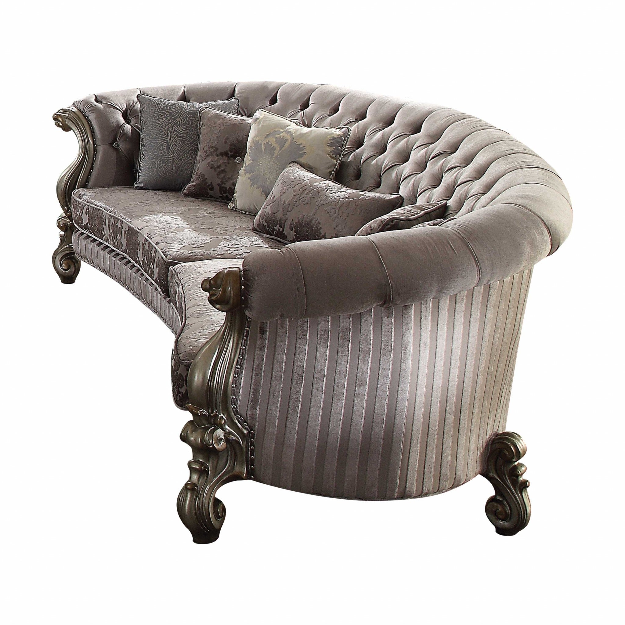55" Gray Velvet Curved Floral Sofa And Toss Pillows With Champagne Legs - Homeroots - Flyclothing LLC