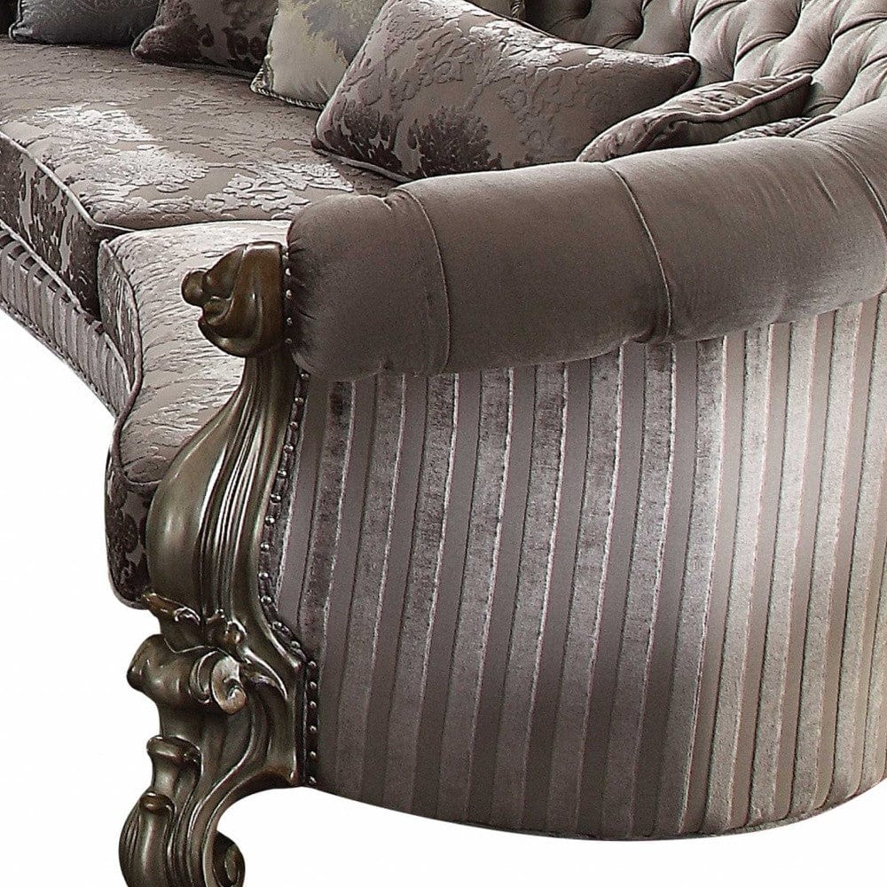 55" Gray Velvet Curved Floral Sofa And Toss Pillows With Champagne Legs - Homeroots