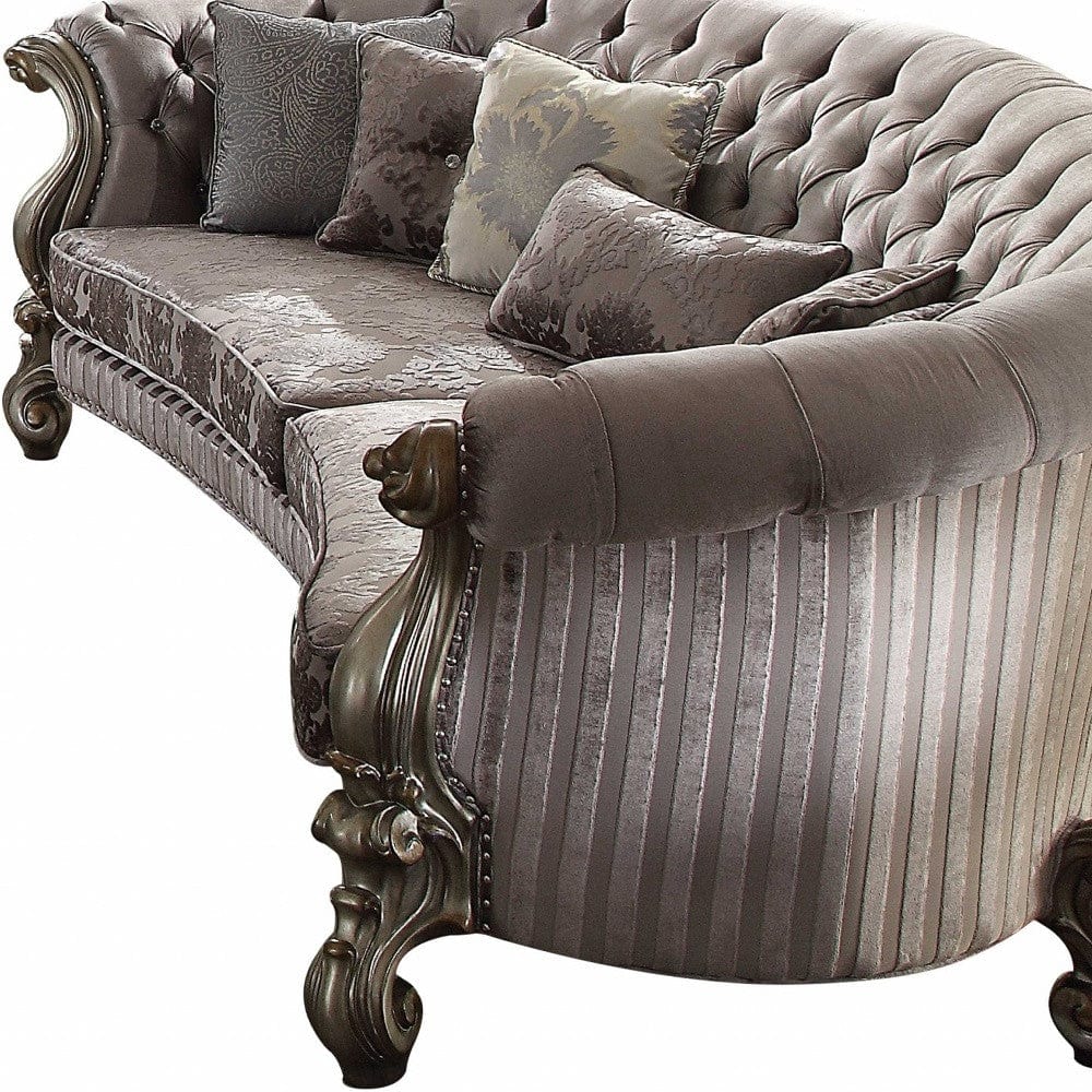 55" Gray Velvet Curved Floral Sofa And Toss Pillows With Champagne Legs - Homeroots
