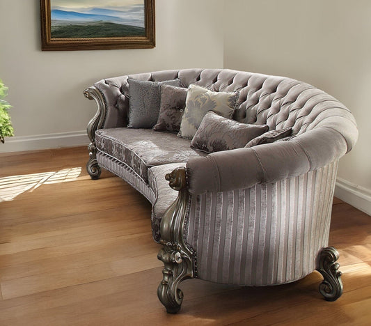 55" Gray Velvet Curved Floral Sofa And Toss Pillows With Champagne Legs - Homeroots