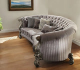 55" Gray Velvet Curved Floral Sofa And Toss Pillows With Champagne Legs - Homeroots