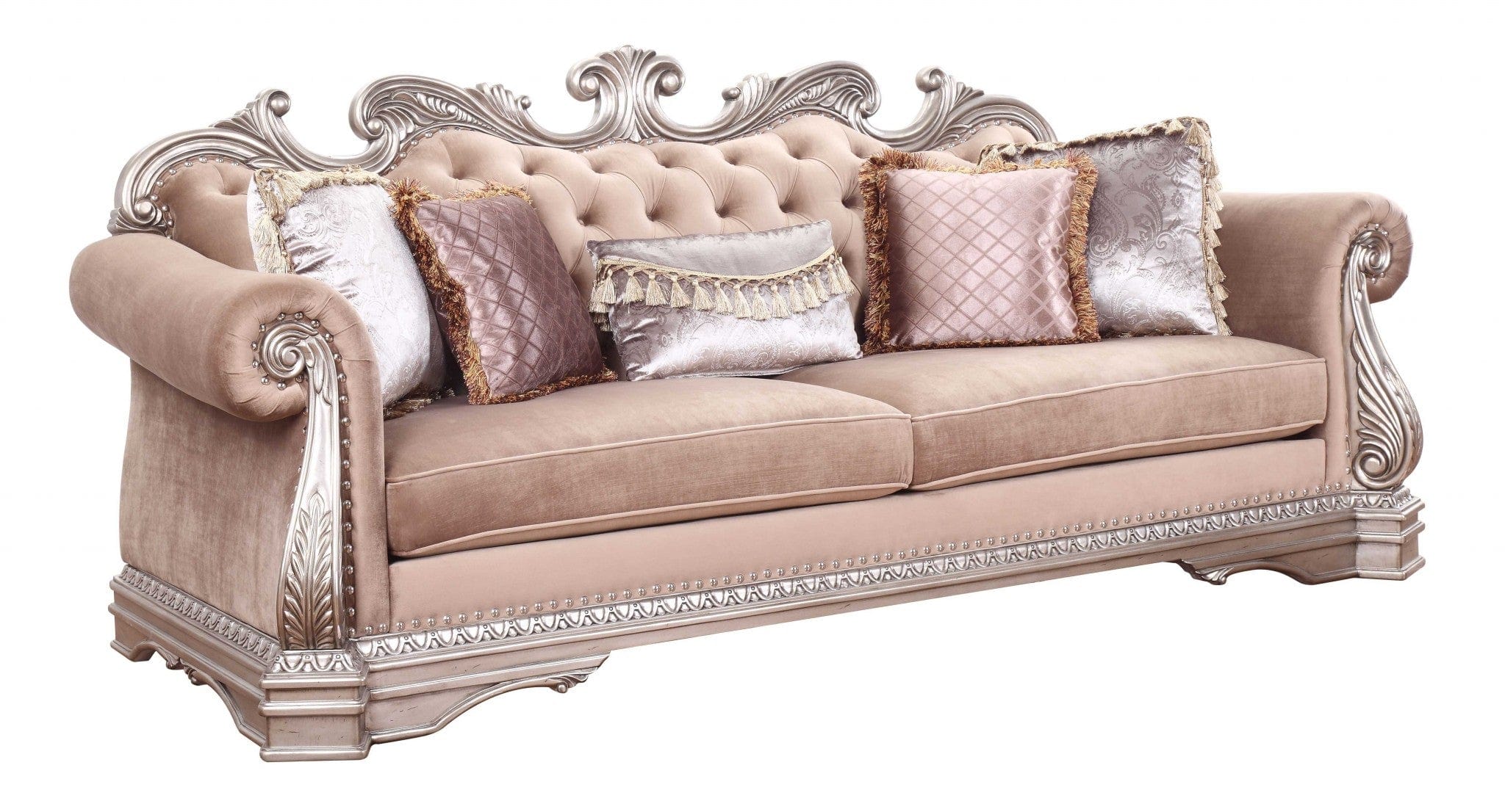 42" Rosegold Velvet Sofa And Toss Pillows With Silver Legs - Homeroots - Flyclothing LLC