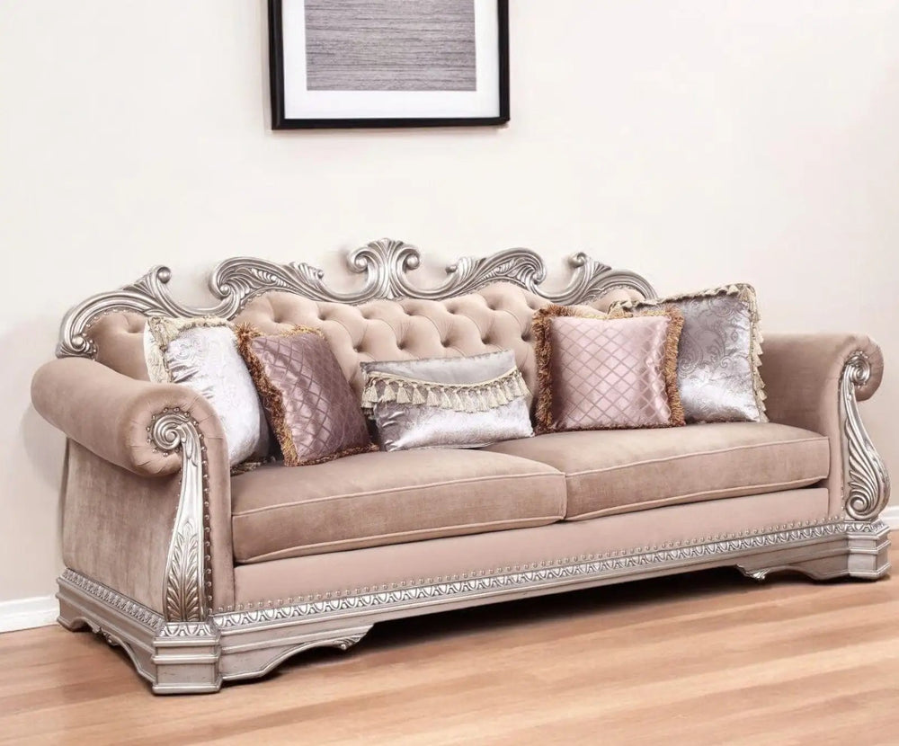 42" Rosegold Velvet Sofa And Toss Pillows With Silver Legs - Homeroots - Flyclothing LLC