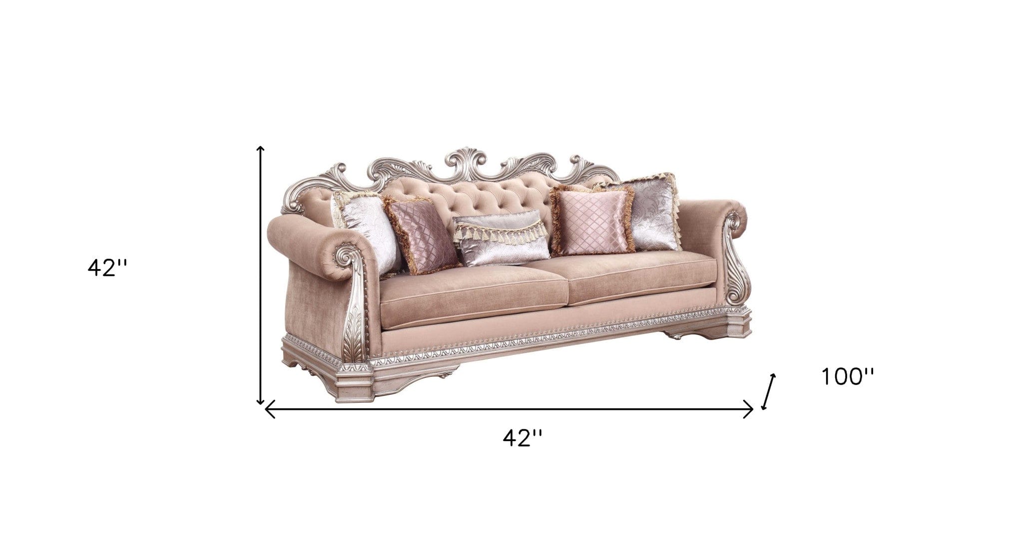 42" Rosegold Velvet Sofa And Toss Pillows With Silver Legs - Homeroots
