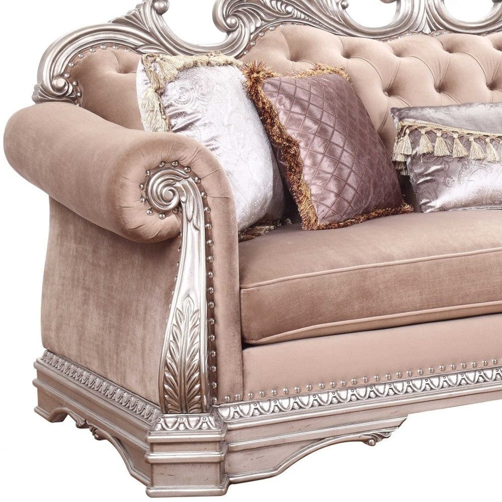 42" Rosegold Velvet Sofa And Toss Pillows With Silver Legs - Homeroots