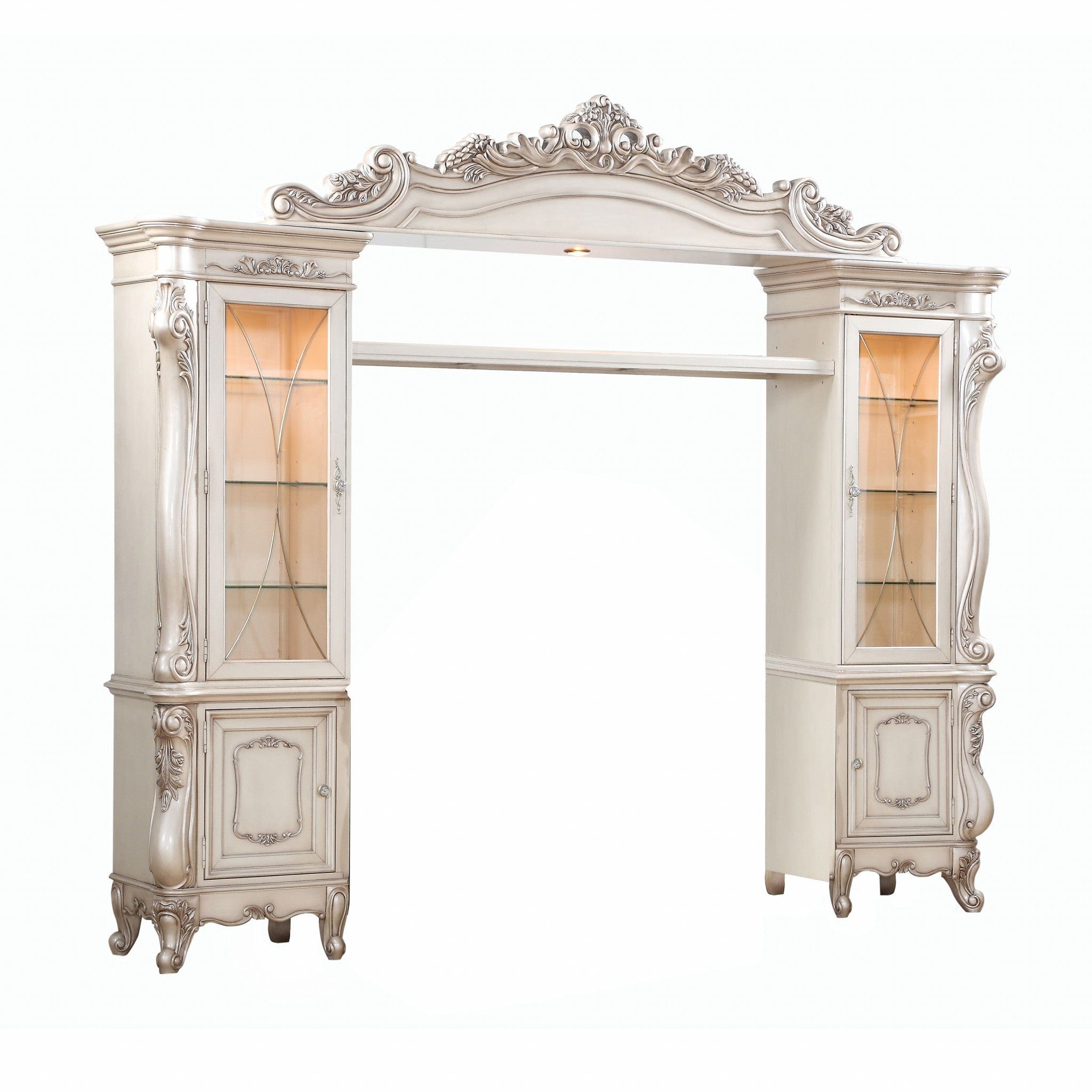 25" X 117" X 101" Antique White Wood Glass Poly-Resin Entertainment Center - Homeroots - Flyclothing LLC