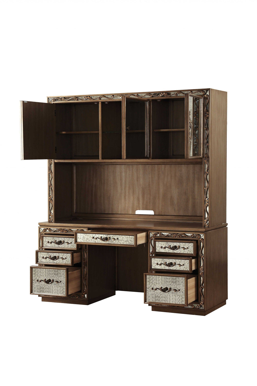 66" Gold Mirrored Computer Desk With Hutch With Three Cabinets Seven Drawers - Homeroots - Flyclothing LLC