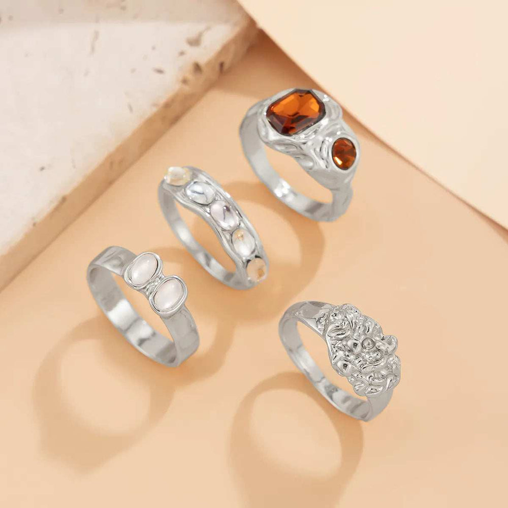 4-Piece Stainless Steel Inlaid Rhinestone Ring - Trendsi - Flyclothing LLC