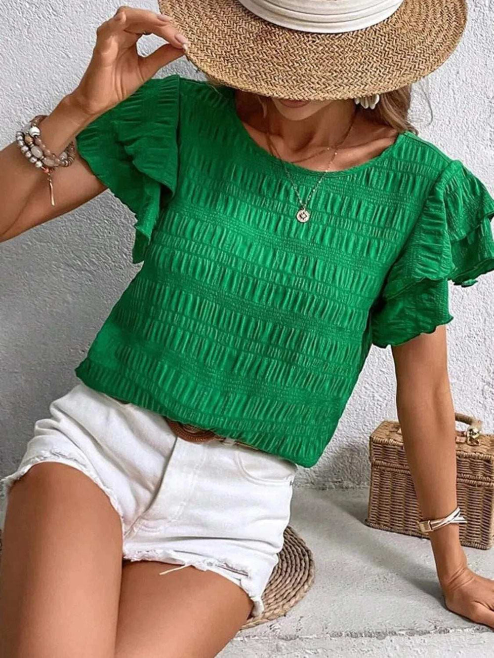 Round Neck Ruffled Short Sleeve Top - Trendsi - Flyclothing LLC