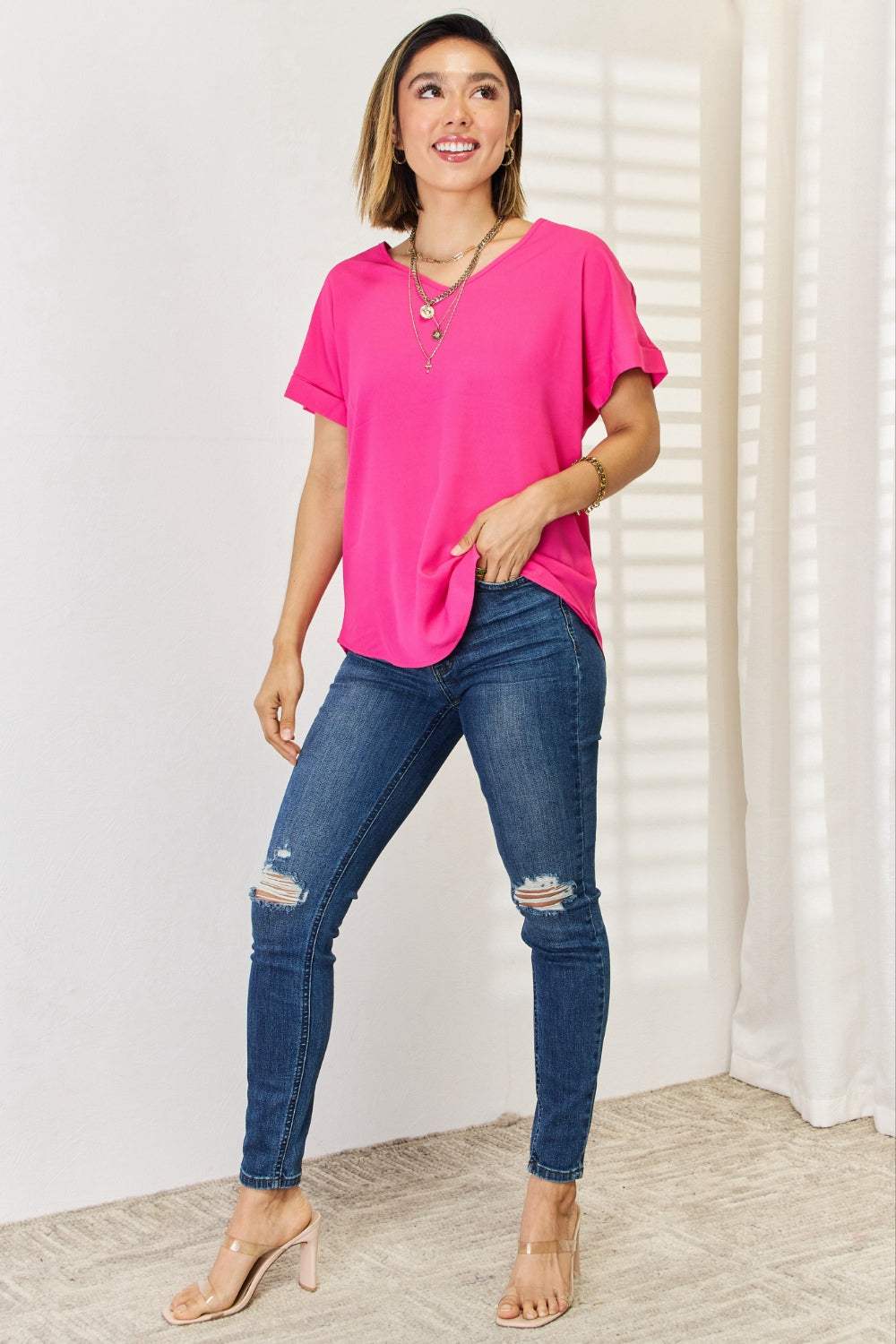 Zenana V-Neck Rolled Short Sleeve T-Shirt - Trendsi - Flyclothing LLC