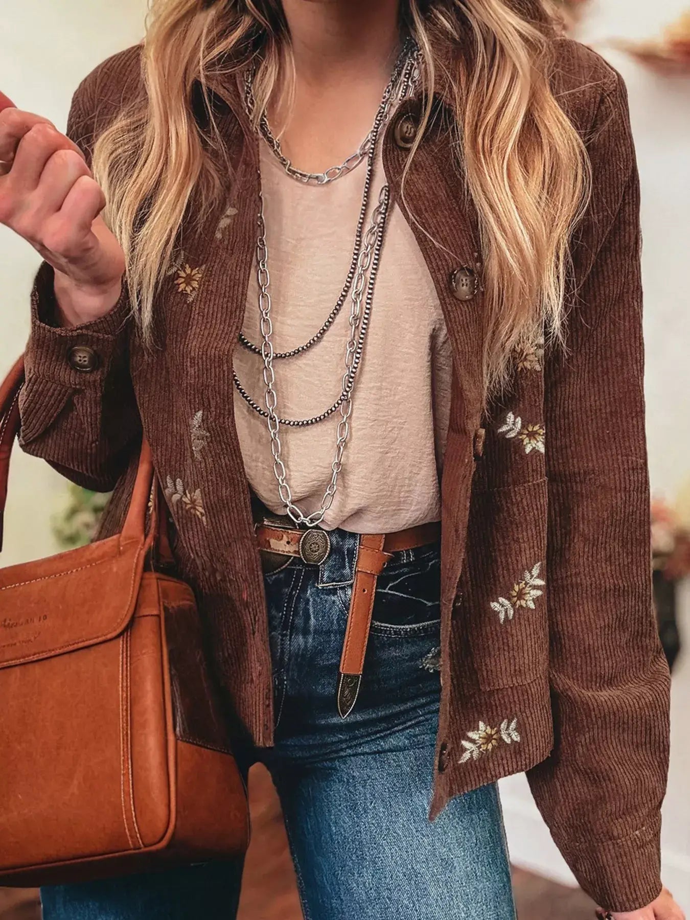 Floral Embroidered Collar Button Front Corduroy Jacket - Trendsi - Flyclothing LLC