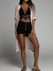 Openwork Open Front Three-Quarter Sleeve Cover Up - Trendsi