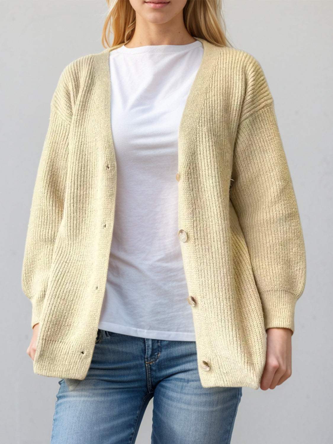 Button Down V-Neck Long Sleeve Cardigan - Trendsi - Flyclothing LLC