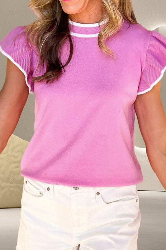 Ruffled Round Neck Cap Sleeve Knit Top - Trendsi - Flyclothing LLC