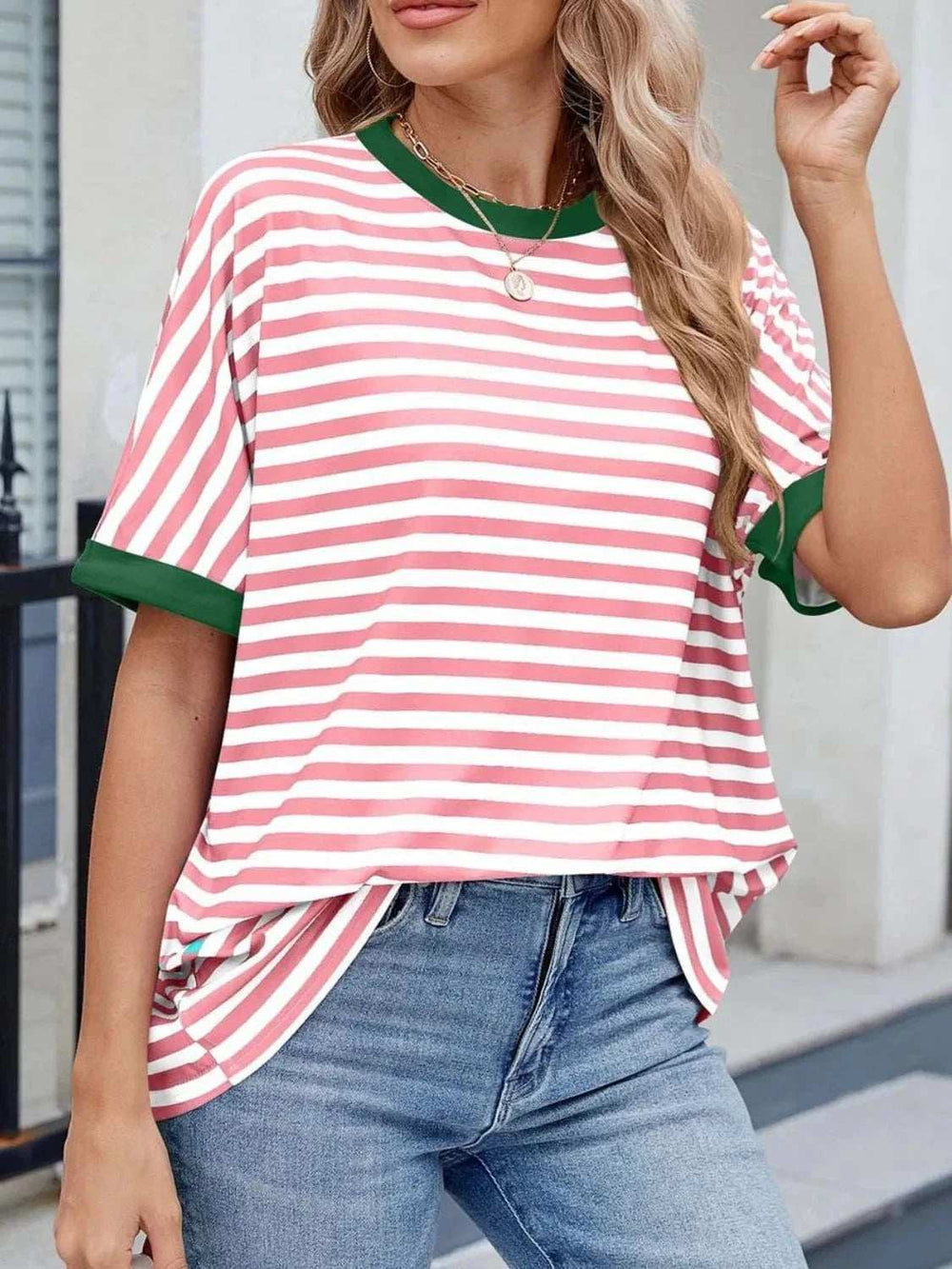 Striped Round Neck Half Sleeve T-Shirt - Trendsi - Flyclothing LLC