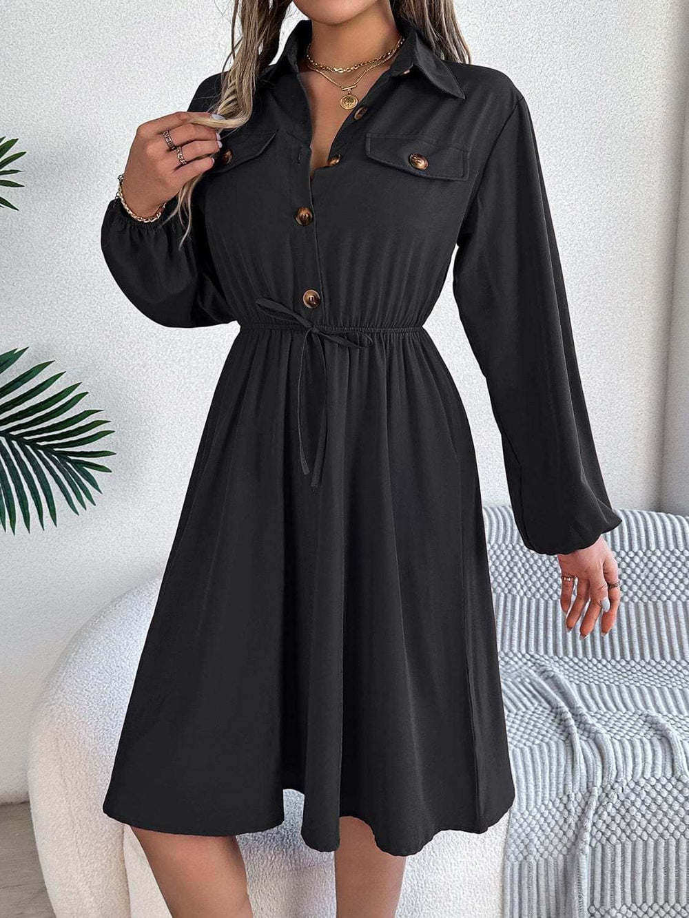 Collared Neck Long Sleeve Dress with Pockets - Trendsi - Flyclothing LLC