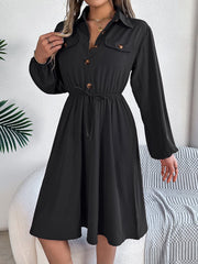 Collared Neck Long Sleeve Dress with Pockets - Trendsi