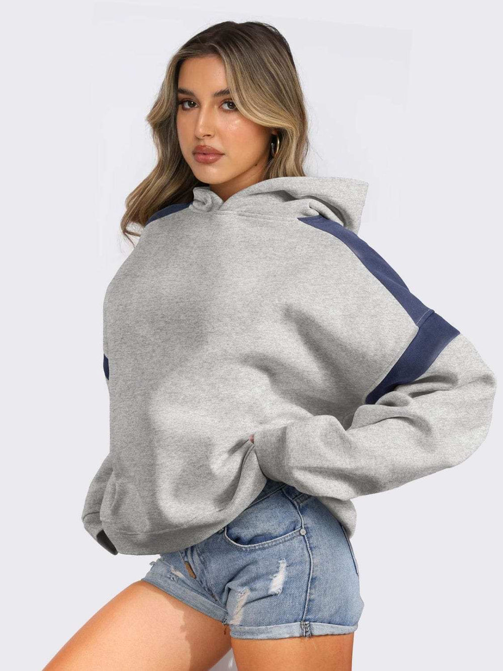 Contrast Dropped Shoulder Long Sleeve Hoodie - Trendsi - Flyclothing LLC
