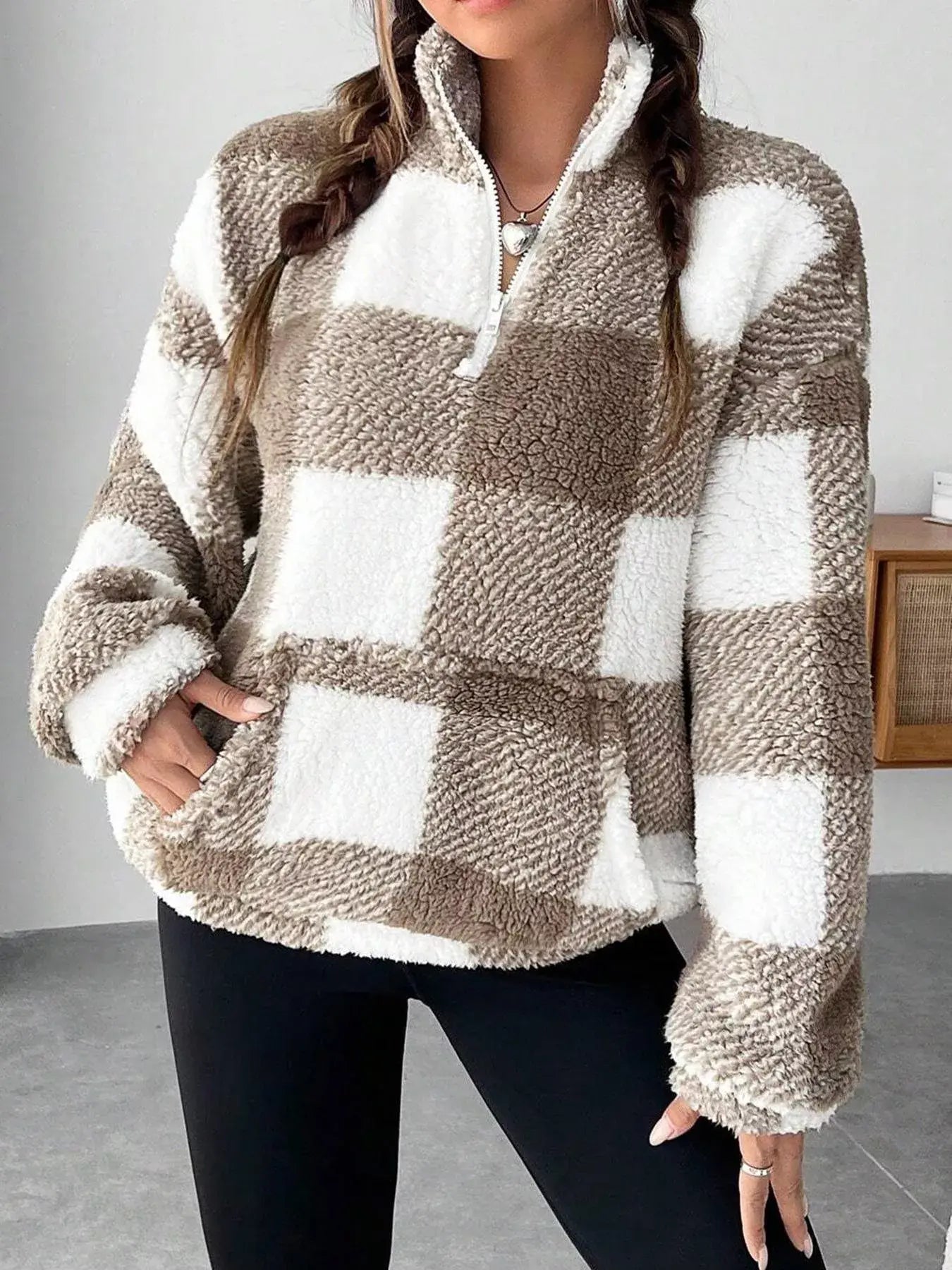 Full Size Plaid Sherpa Long Sleeve Sweatshirt Plus Size - Trendsi - Flyclothing LLC