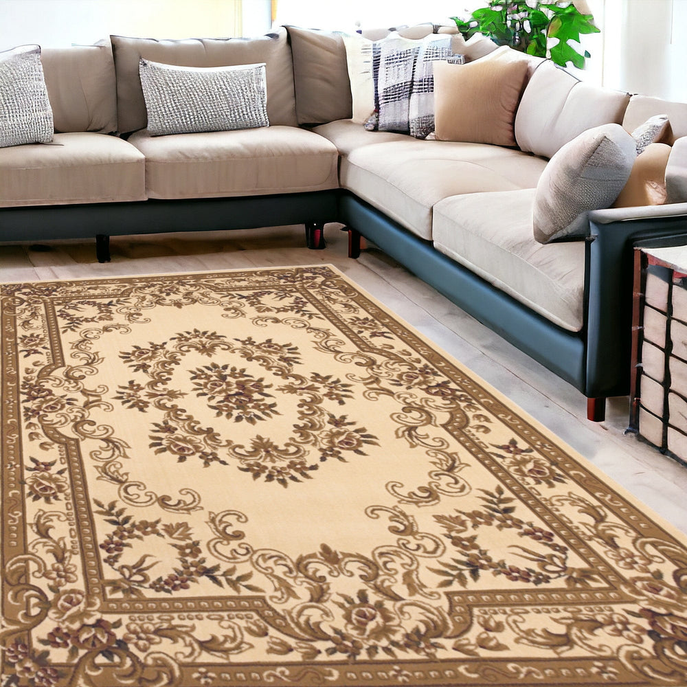 8' X 11' Ivory Machine Woven Hand Carved Floral Medallion Indoor Area Rug - Homeroots