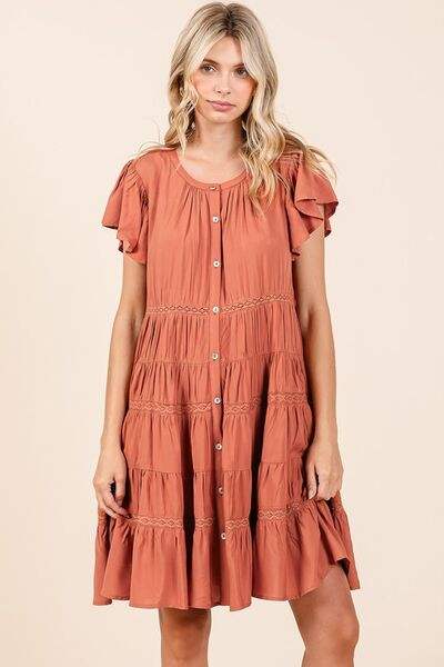 Mittoshop Lace Detail Ruffled Button Down Tiered Dress - Trendsi - Flyclothing LLC