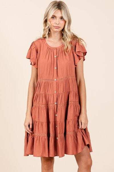 Mittoshop Lace Detail Ruffled Button Down Tiered Dress - Trendsi - Flyclothing LLC