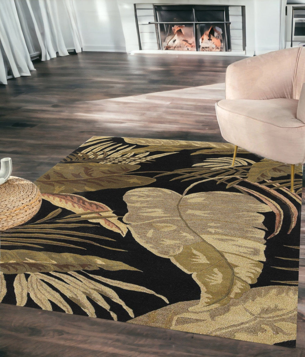 5' X 8' Midnight Black Hand Tufted Tropical Leaves Indoor Area Rug - Homeroots