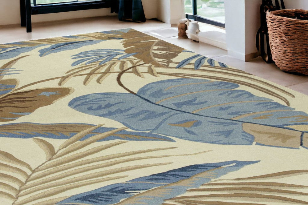 5' X 8' Ivory and Blue Wool Tropical Botanical Hand Tufted Area Rug - Homeroots