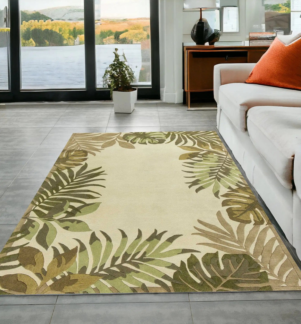 5' X 8' Ivory Hand Tufted Bordered Tropical Leaves Indoor Area Rug - Homeroots
