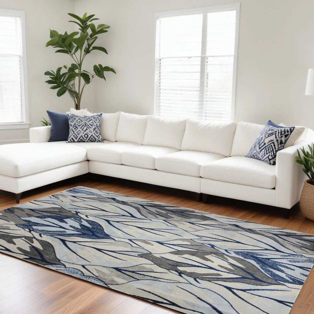 8' X 11' Grey Navy Machine Woven Oversized Leaves Indoor Area Rug - Homeroots - Flyclothing LLC