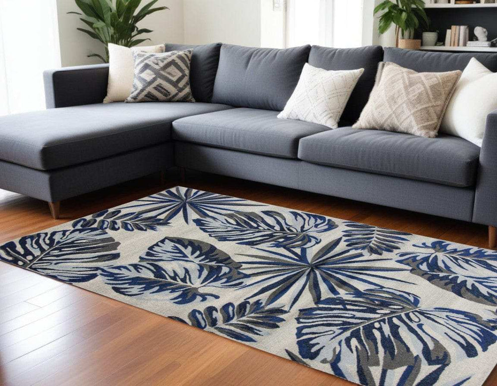 8' X 11' Grey Blue Machine Woven Oversized Tropical Leaves Indoor Area Rug - Homeroots - Flyclothing LLC