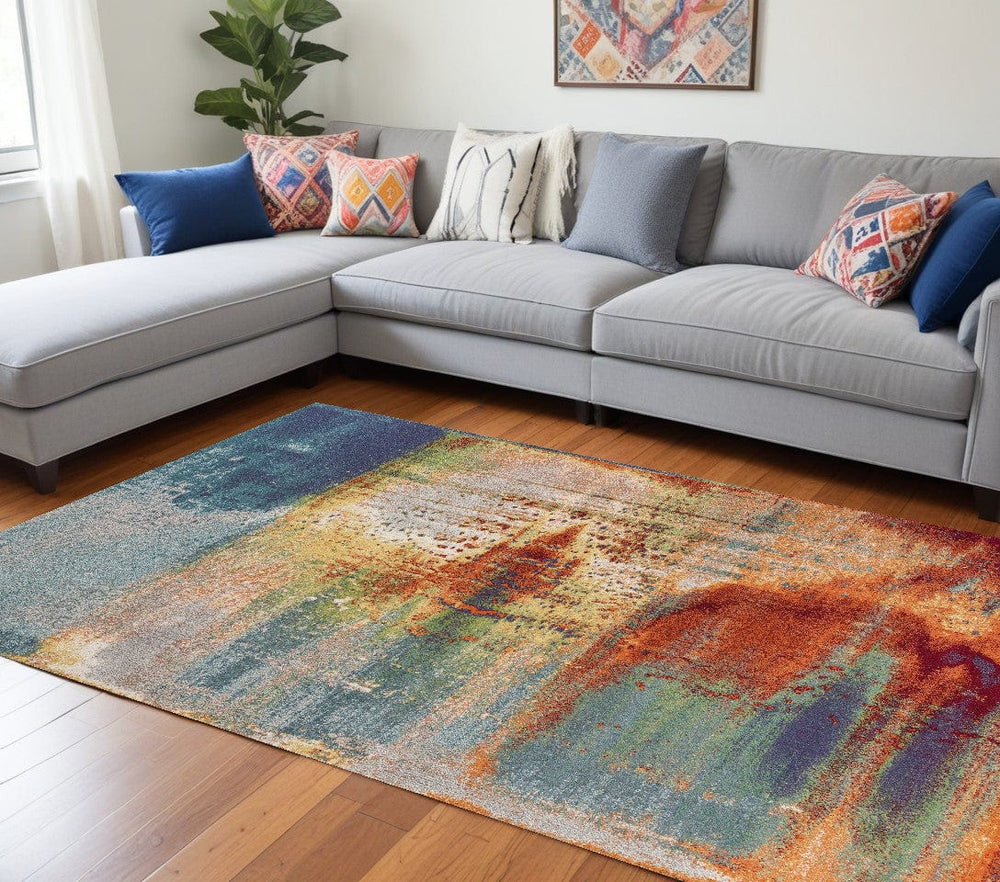 8' X 11' Blue Rust Orange Machine Woven Abstract Brushstrokes Indoor Area Rug - Homeroots
