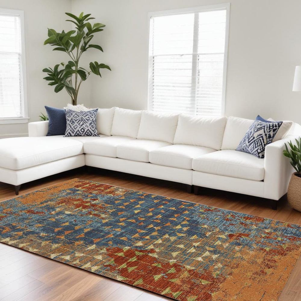 7' X 10' Blue and Orange Area Rug - Homeroots