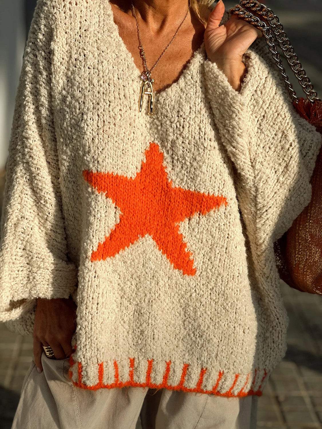 Star V-Neck Long Sleeve Oversize Sweater - Trendsi - Flyclothing LLC
