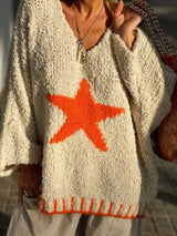 Star V-Neck Long Sleeve Oversize Sweater - Trendsi - Flyclothing LLC