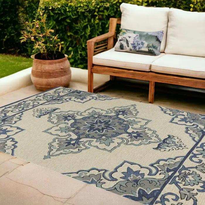 8' X 10' Ivory and Blue Damask Handmade Indoor Outdoor Area Rug - Homeroots