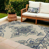 8' X 10' Ivory and Blue Damask Handmade Indoor Outdoor Area Rug - Homeroots