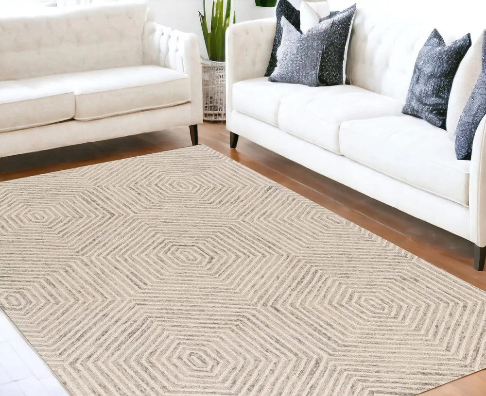 8' X 10' Ivory and Gray Wool Geometric Hand Tufted Area Rug - Homeroots